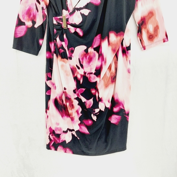 Jennifer Lopez Black Pink Floral Fold Over 3/4 Sleeve Midi Dress P6386 - Picture 3 of 8